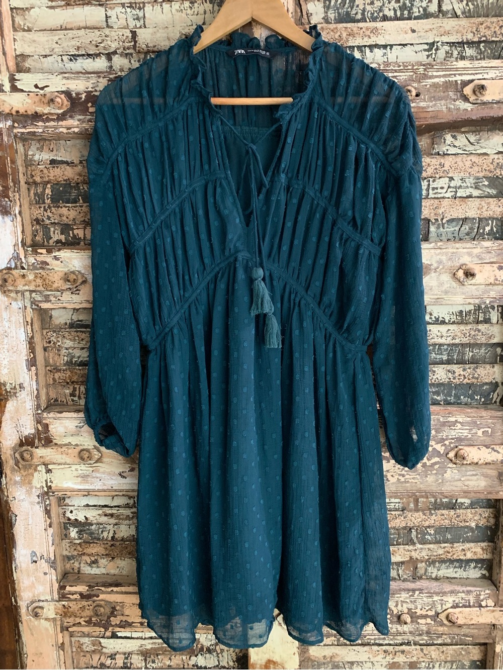 Zara Loose Fit Swiss Dot Dark Green Chiffon Boho Tassel Peasant Mini Dress, S